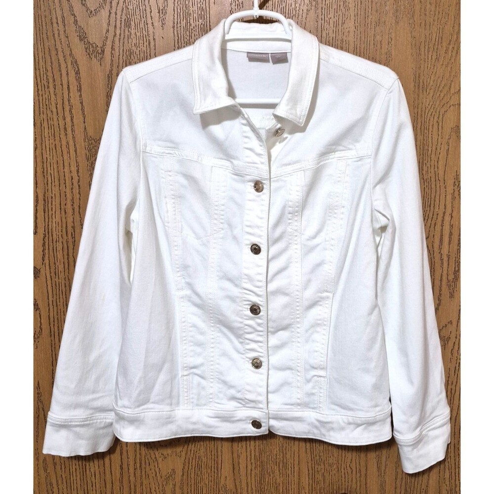 Chico's Women's White Long Sleeve Denim Jacket Button Up Size 1 NEW